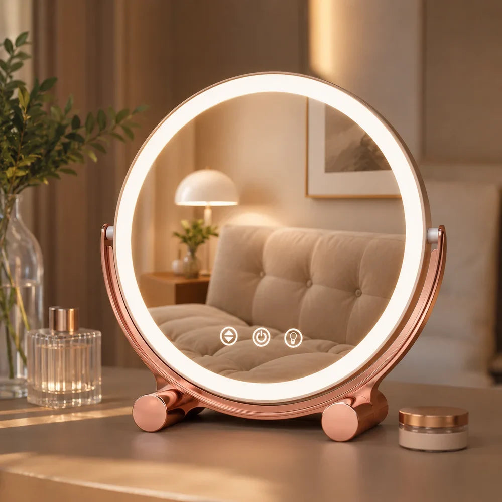 Pink Tabletop LED Makeup Mirror Rechargeable Touch Control