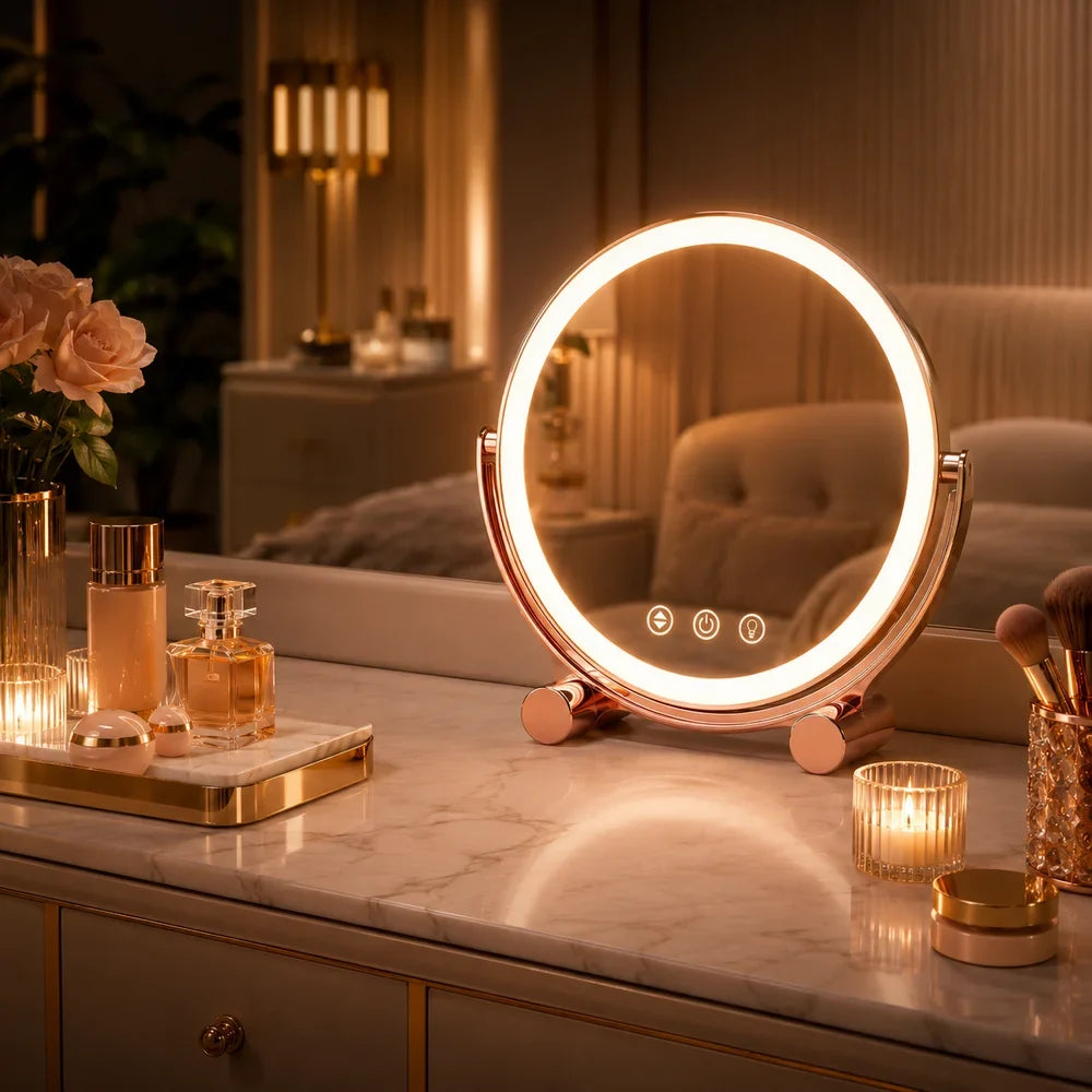 Pink Tabletop LED Makeup Mirror Rechargeable Touch Control