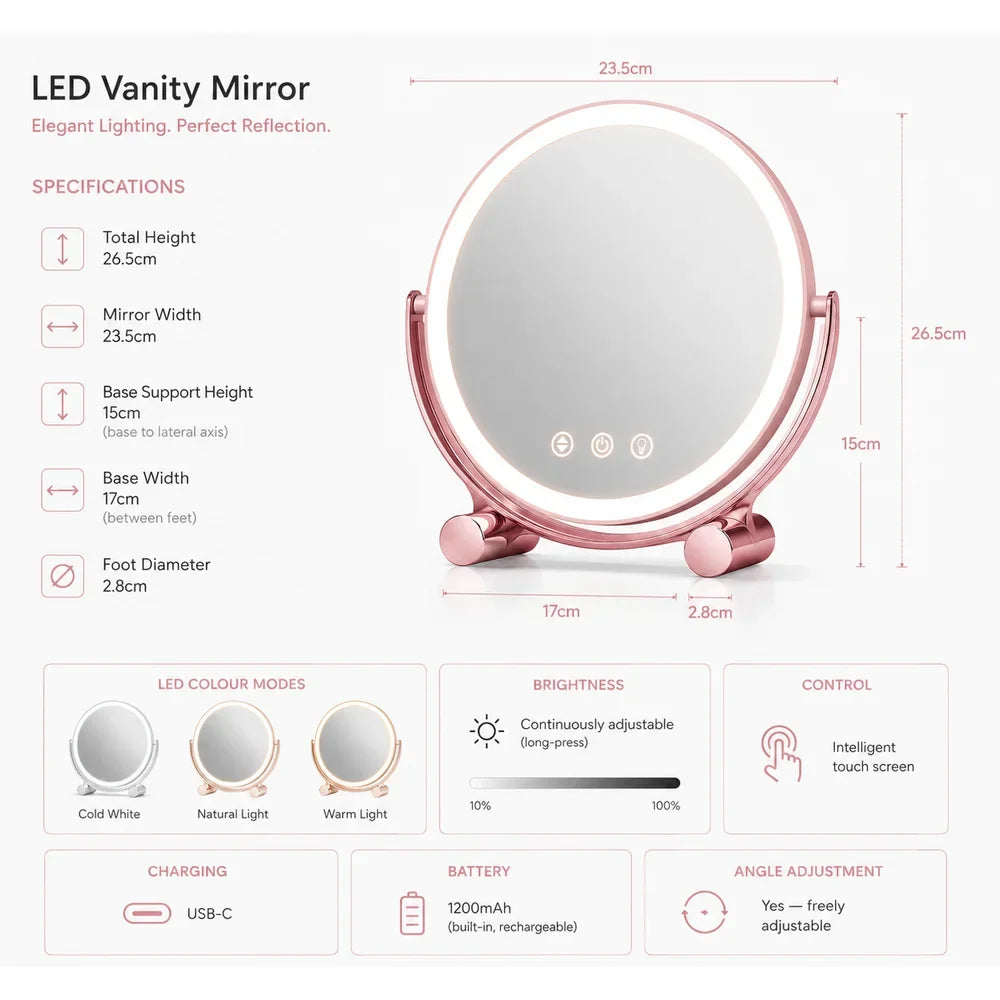 Pink Tabletop LED Makeup Mirror Rechargeable Touch Control