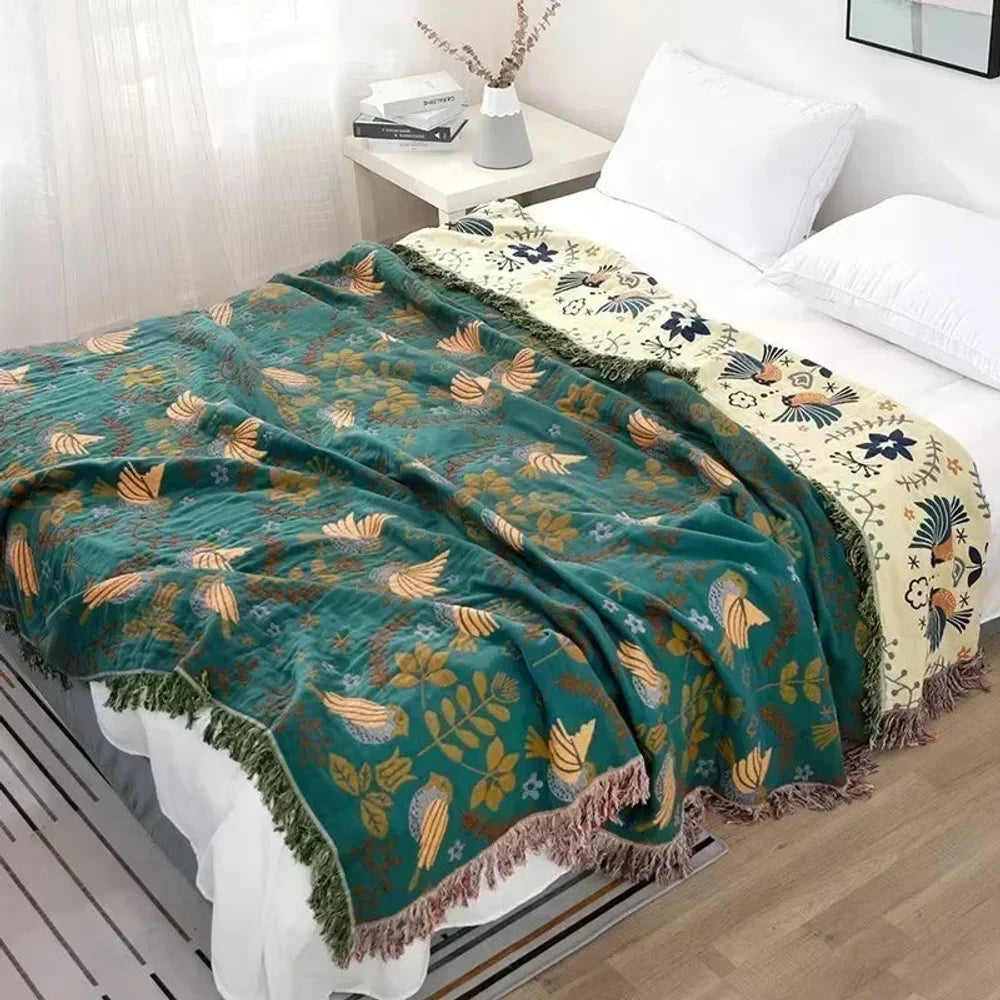 Reversible Nordic Bird Cotton Throw Blanket | Fringed Edges