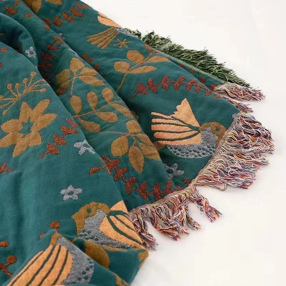 Reversible Nordic Bird Cotton Throw Blanket | Fringed Edges
