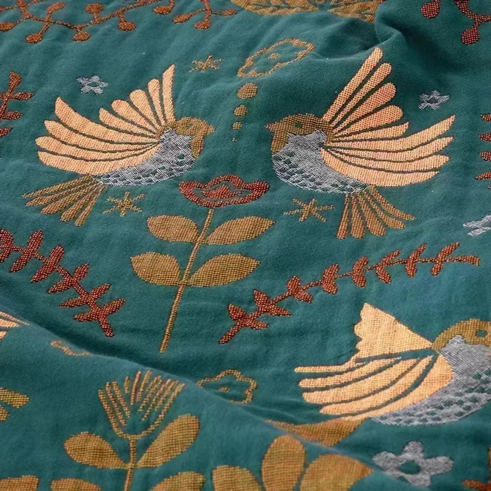 Reversible Nordic Bird Cotton Throw Blanket | Fringed Edges