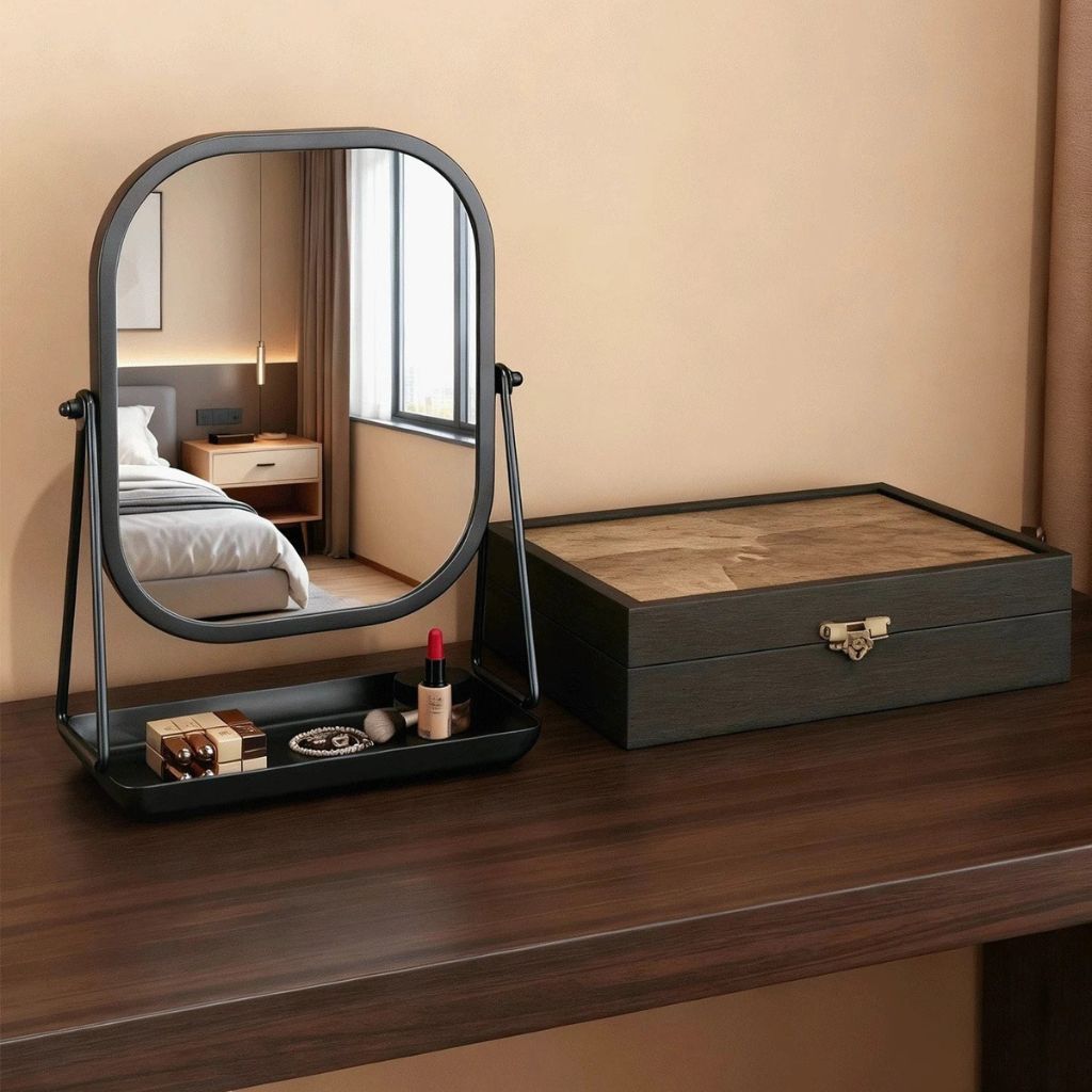 Rotating Desktop Makeup Mirror Wrought Iron Frame Storage Tray Base