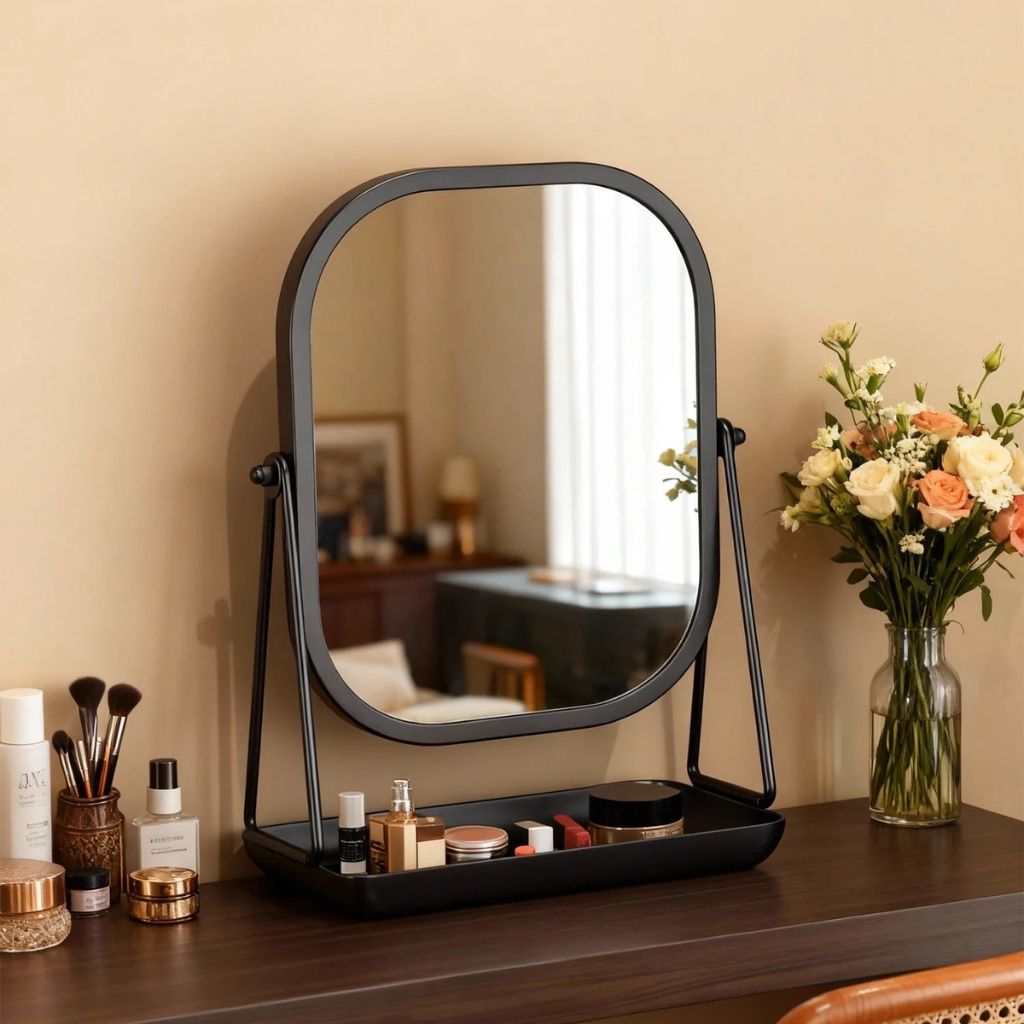 Rotating Desktop Makeup Mirror Wrought Iron Frame Storage Tray Base