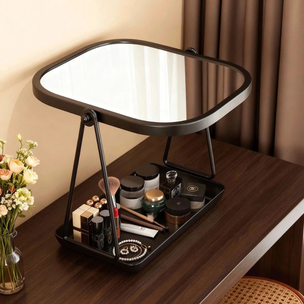 Rotating Desktop Makeup Mirror Wrought Iron Frame Storage Tray Base