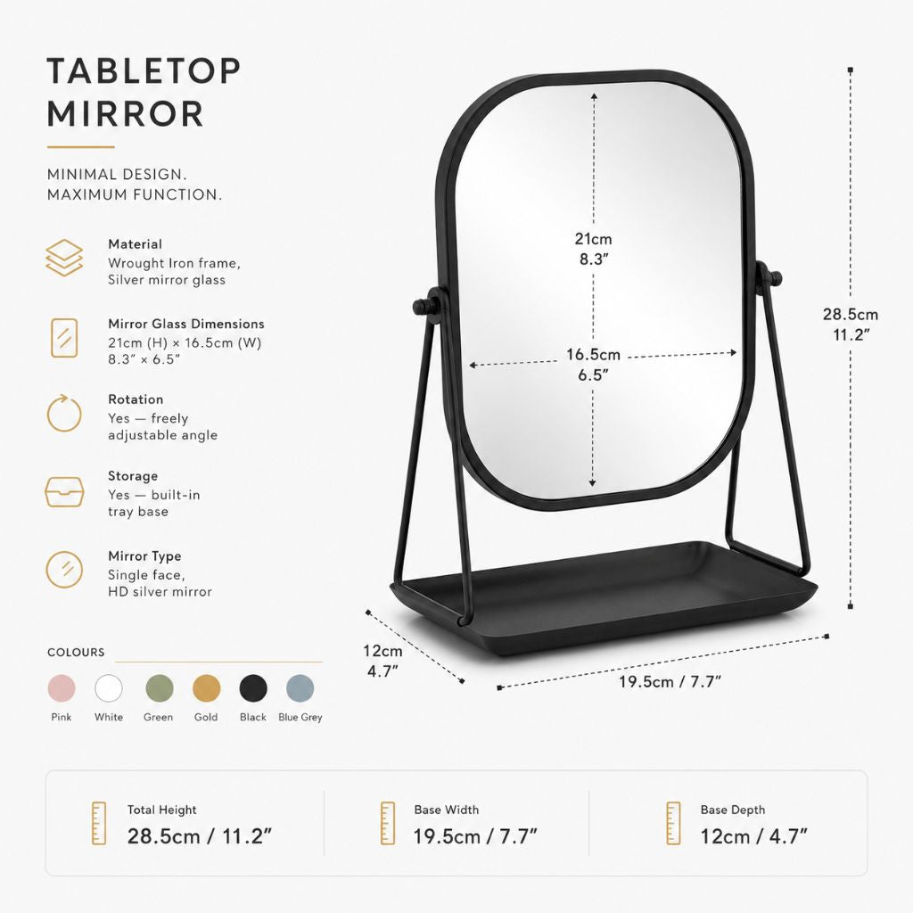 Rotating Desktop Makeup Mirror Wrought Iron Frame Storage Tray Base