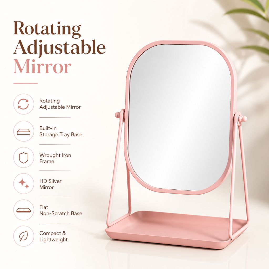 Rotating Desktop Makeup Mirror Wrought Iron Frame Storage Tray Base