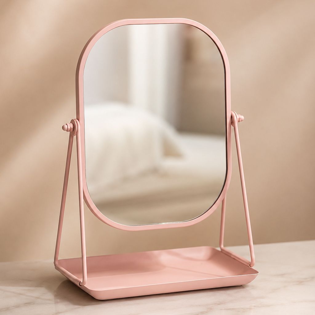 Rotating Desktop Makeup Mirror Wrought Iron Frame Storage Tray Base