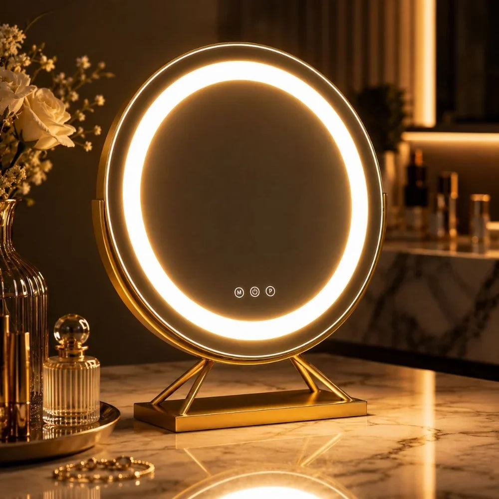 Round Lighted Vanity Tabletop Makeup Mirror LED Dimmable 15x Magnifying