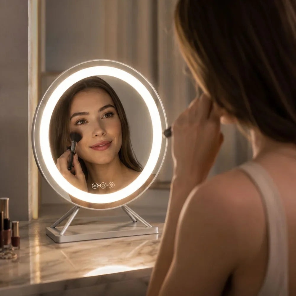 Round Lighted Vanity Tabletop Makeup Mirror LED Dimmable 15x Magnifying