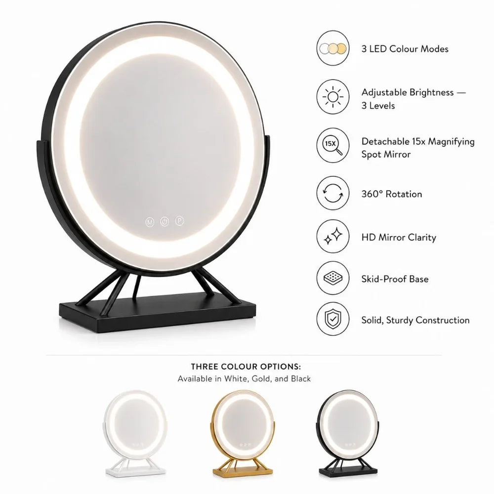 Round Lighted Vanity Tabletop Makeup Mirror LED Dimmable 15x Magnifying