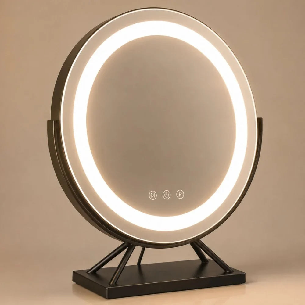 Round Lighted Vanity Tabletop Makeup Mirror LED Dimmable 15x Magnifying