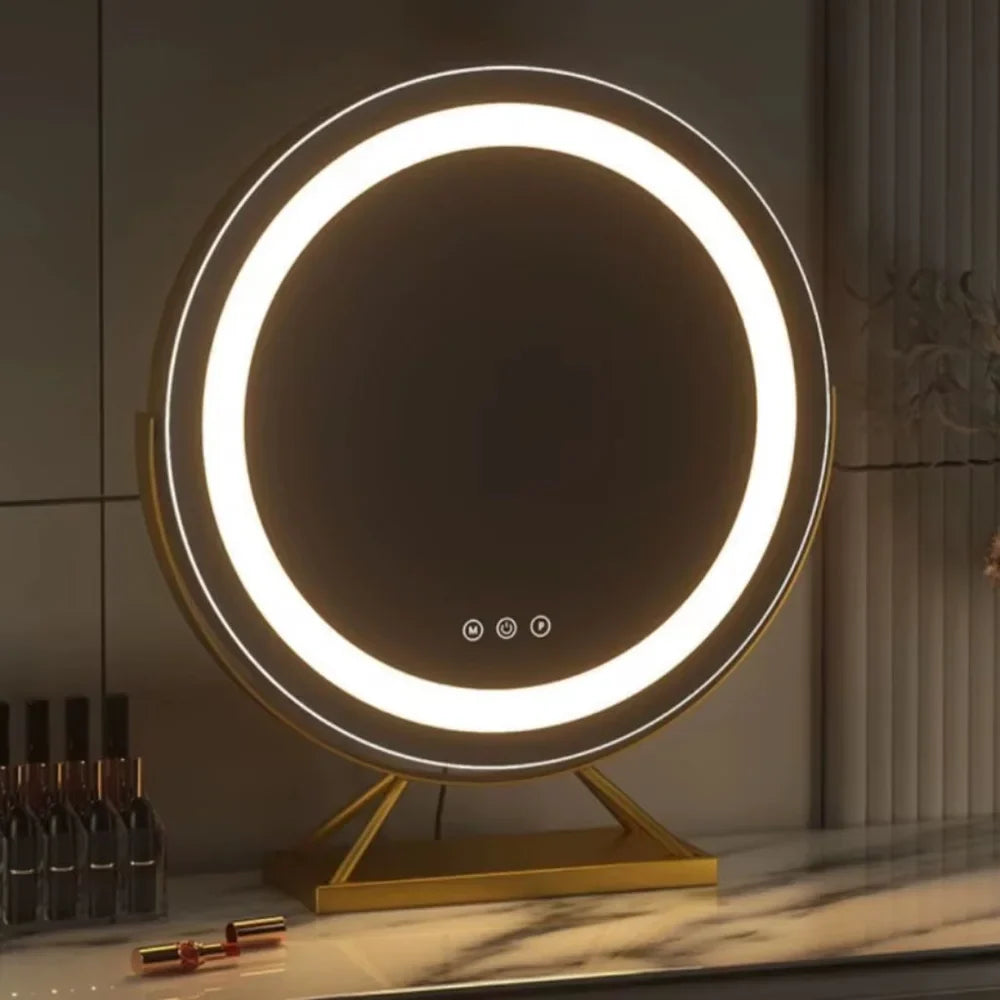 Round Lighted Vanity Tabletop Makeup Mirror LED Dimmable 15x Magnifying