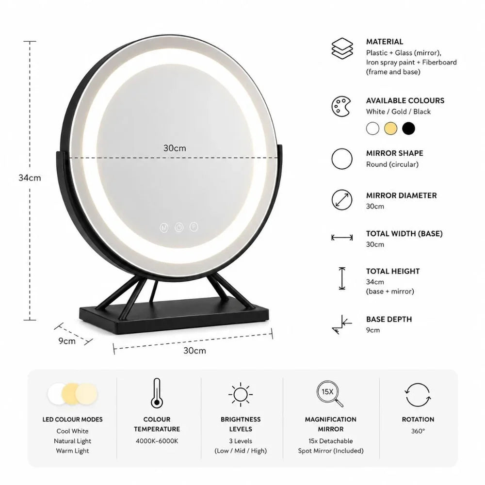 Round Lighted Vanity Tabletop Makeup Mirror LED Dimmable 15x Magnifying
