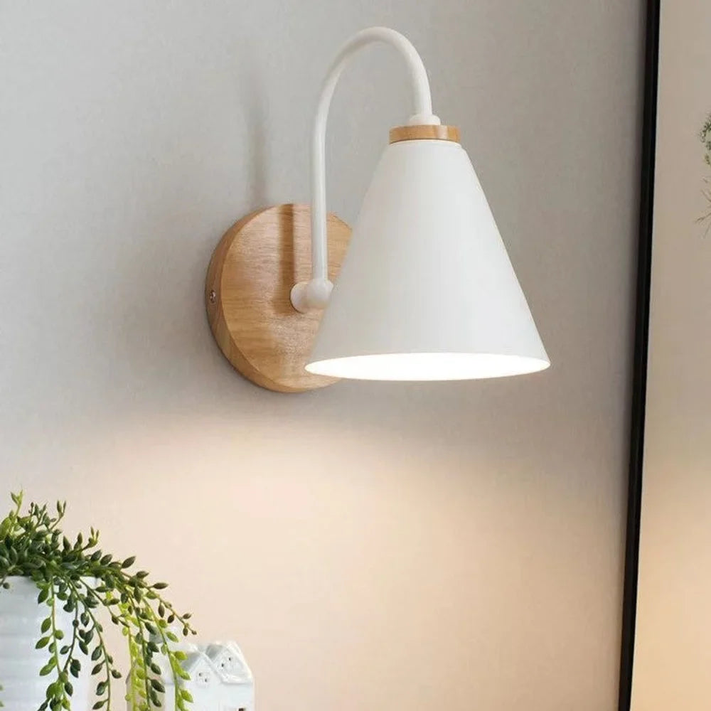 Scandinavian Cone Shade Curved Arm Wooden Wall Sconce