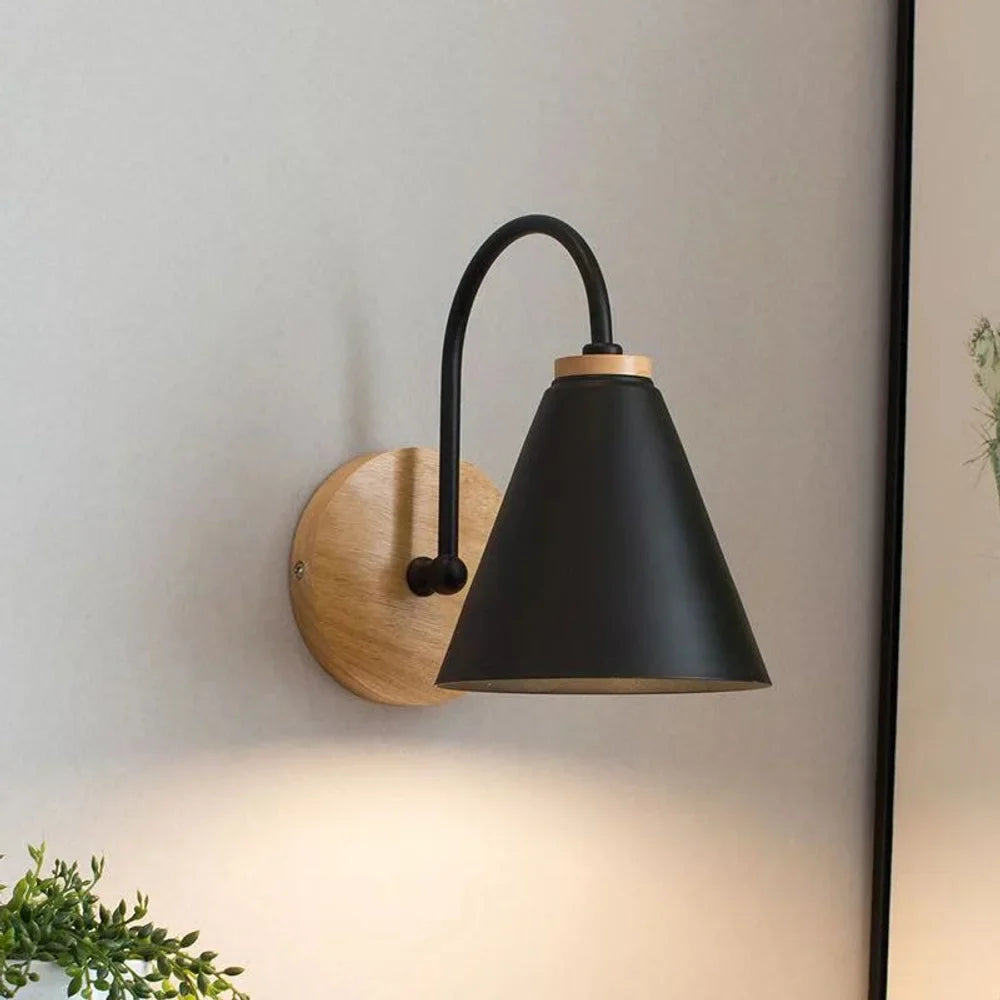 Scandinavian Cone Shade Curved Arm Wooden Wall Sconce