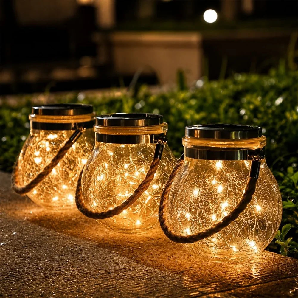 Solar Outdoor Hanging Lamp IP65 Waterproof Cracked Glass Jar