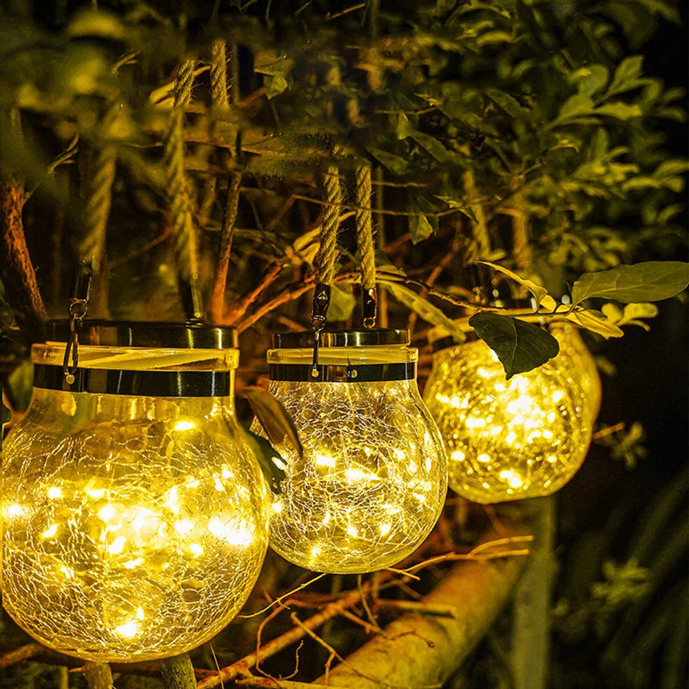 Solar Outdoor Hanging Lamp IP65 Waterproof Cracked Glass Jar