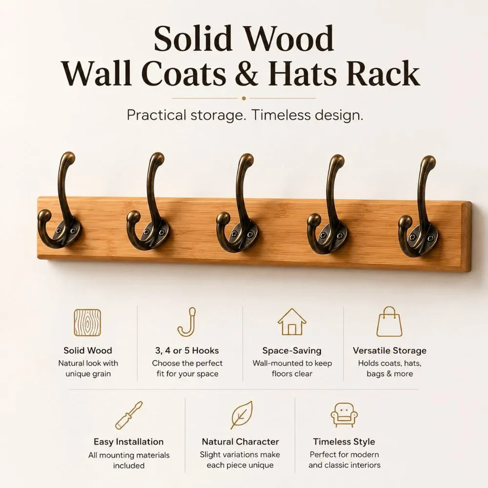 Solid Wood Wall Coats & Hats Rack with Hooks | Hallway Storage
