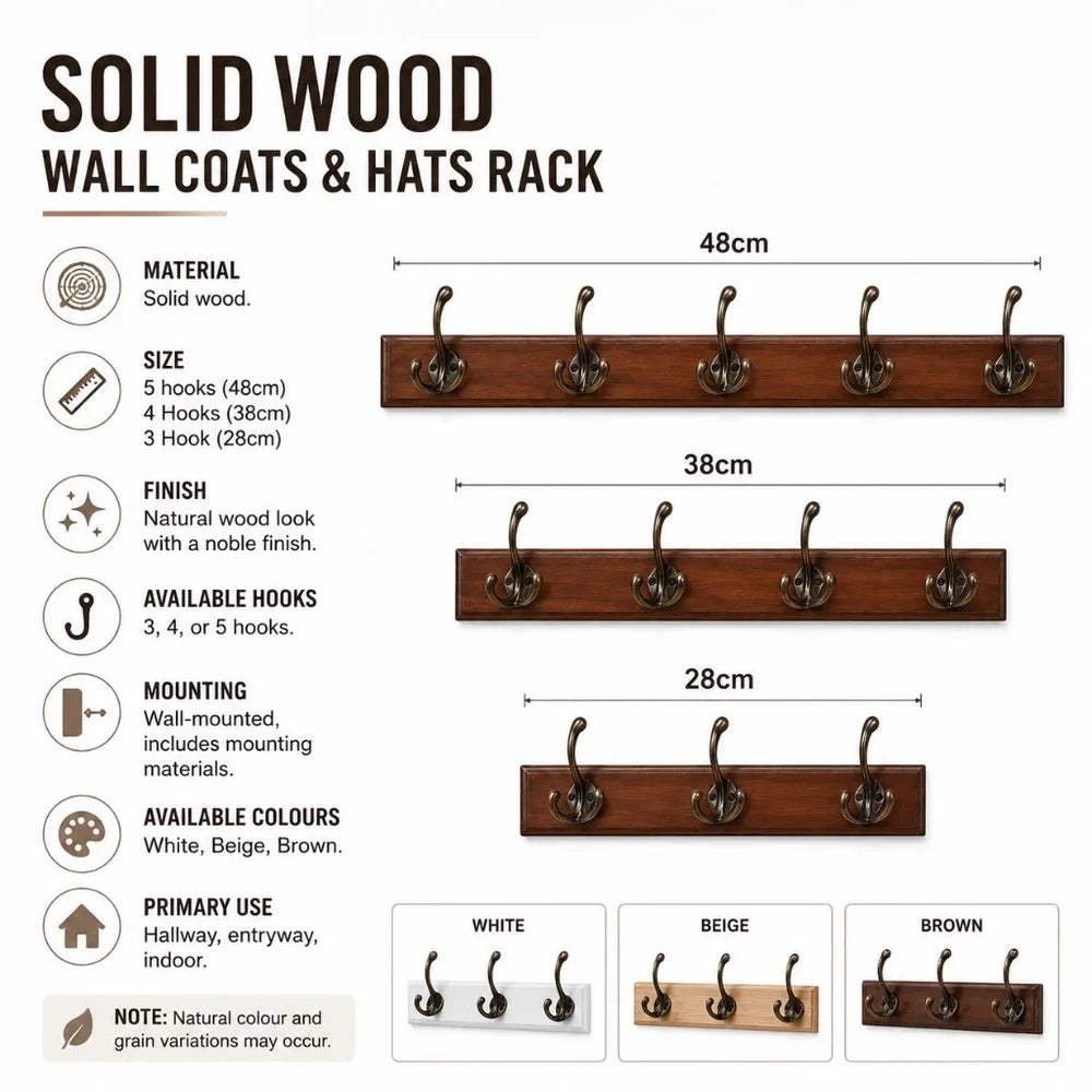 Solid Wood Wall Coats & Hats Rack with Hooks | Hallway Storage