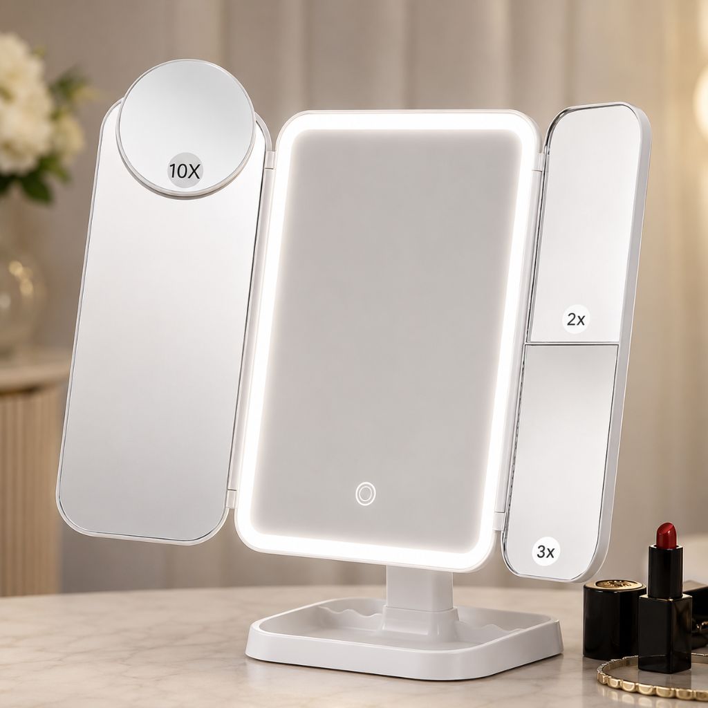 Trifold Lighted Makeup Magnifying Mirror Rechargeable