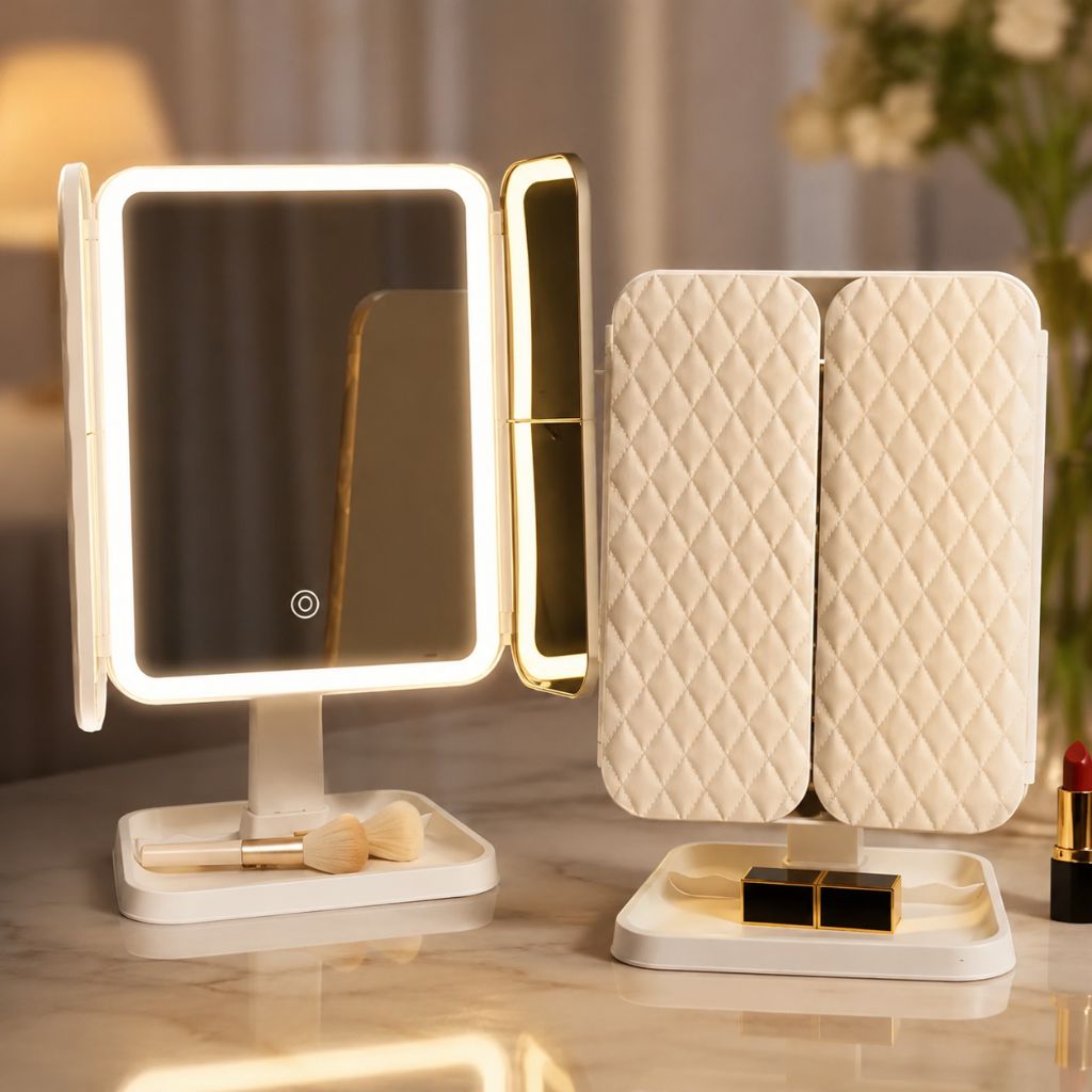 Trifold Lighted Makeup Magnifying Mirror Rechargeable