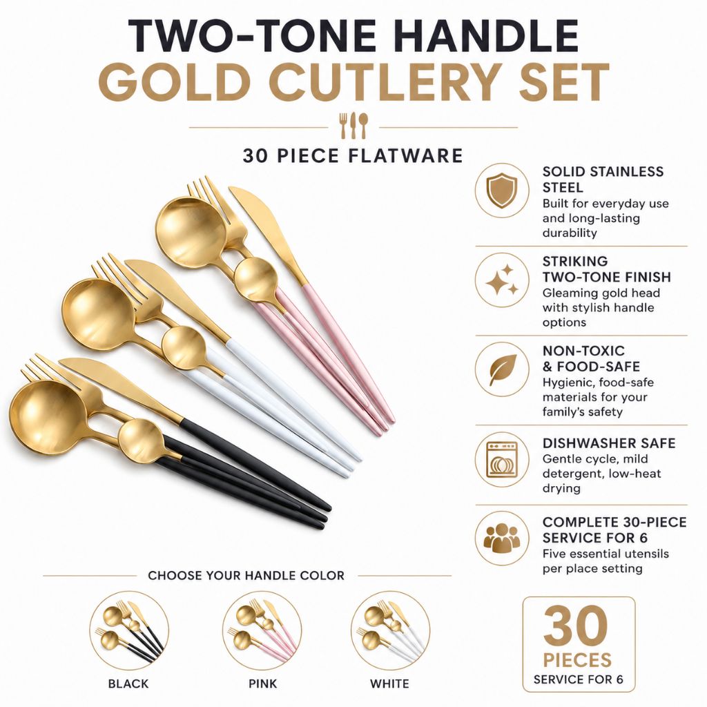 Two-Tone Handle Gold Cutlery Set - 30 Piece Flatware