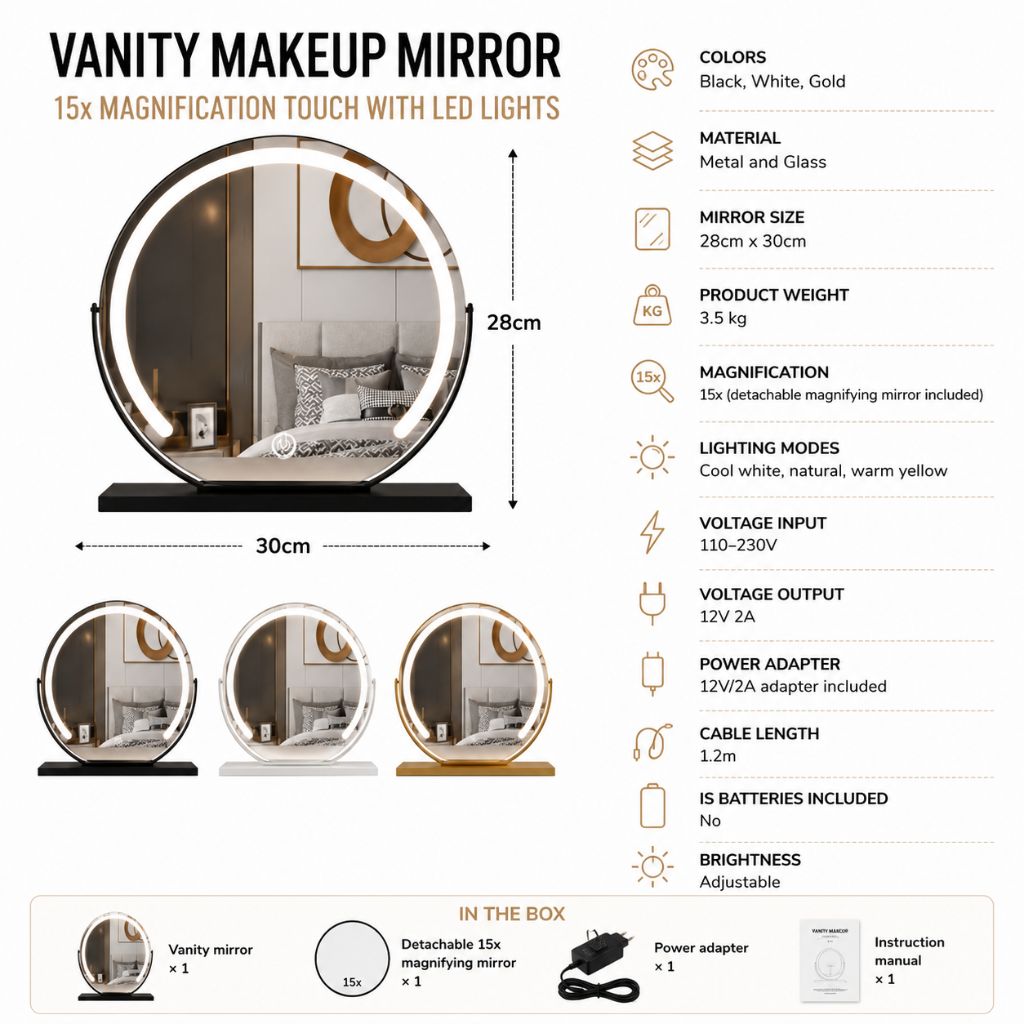 Vanity Makeup Mirror 15x Magnification Touch with LED Lights