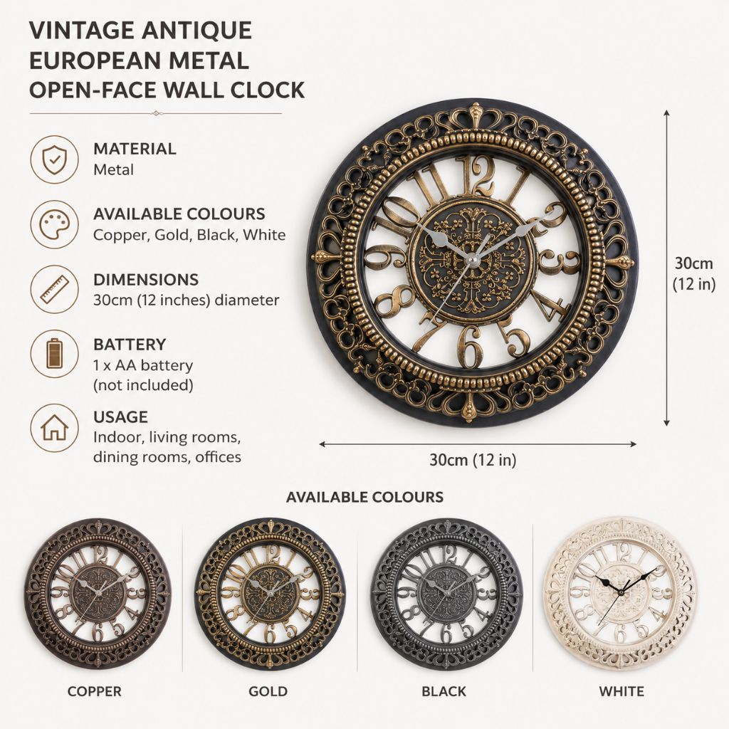 Vintage Antique European Metal Open-Face Wall Clock