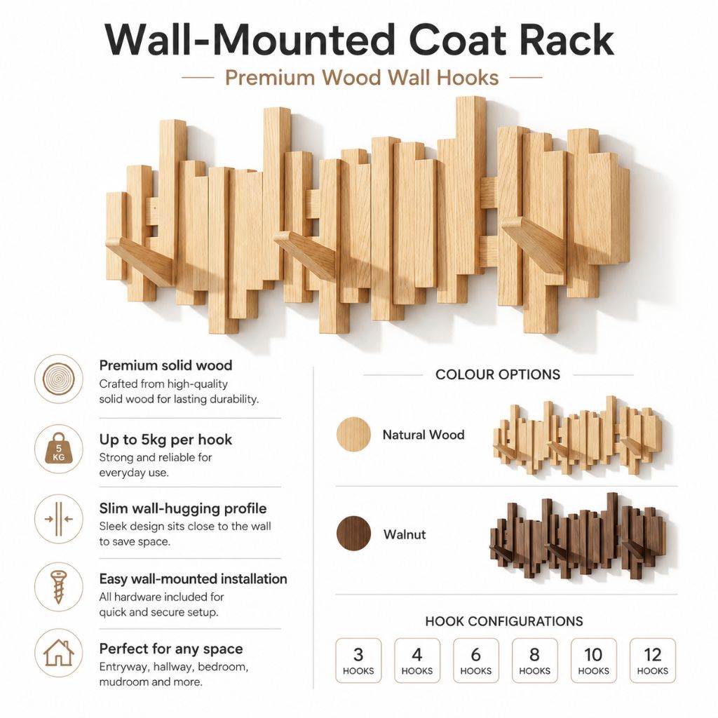 Wall-Mounted Coat Rack | Premium Wood Wall Hooks