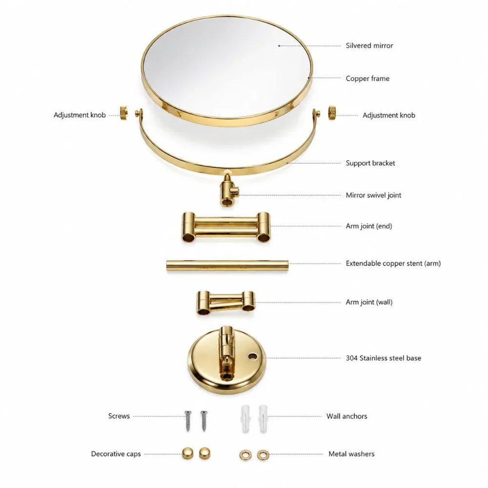 Wall Mounted Double Sided Makeup Mirror – Extending Folding Dual-Arm Bracket