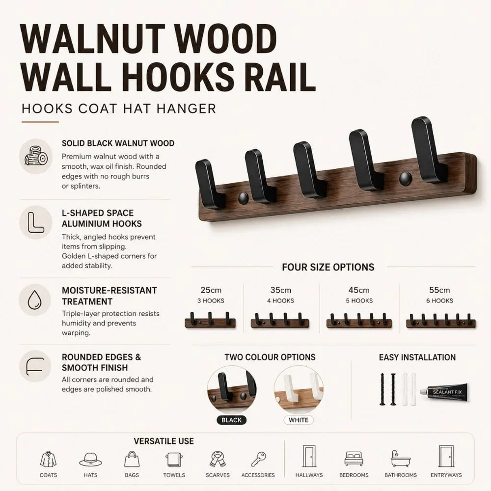 Walnut Wood Wall Hooks Rail - Hooks Coat Hat Hanger