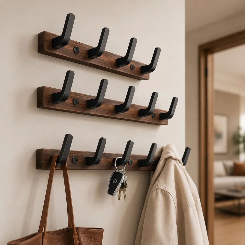 Walnut Wood Wall Hooks Rail - Hooks Coat Hat Hanger