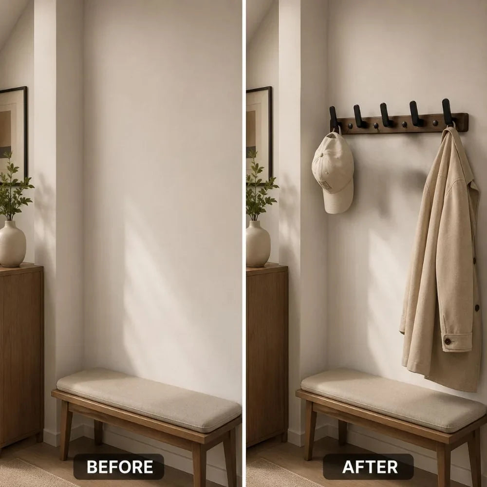 Walnut Wood Wall Hooks Rail - Hooks Coat Hat Hanger