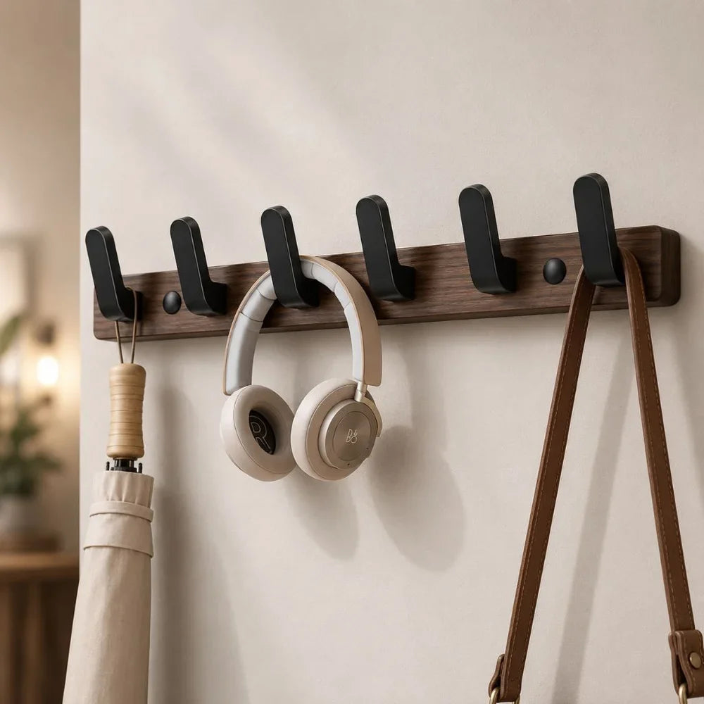 Walnut Wood Wall Hooks Rail - Hooks Coat Hat Hanger