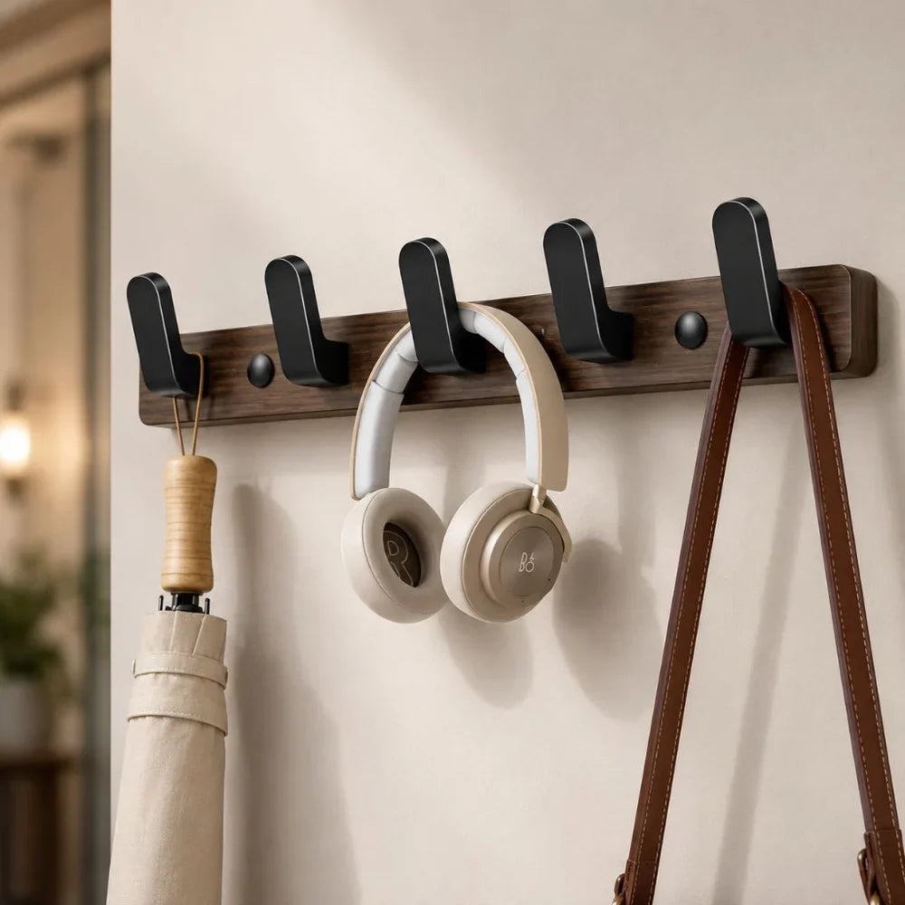 Walnut Wood Wall Hooks Rail - Hooks Coat Hat Hanger
