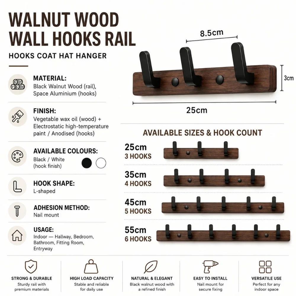 Walnut Wood Wall Hooks Rail - Hooks Coat Hat Hanger