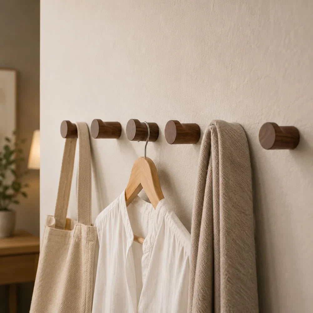 Walnut Wood Wall Hooks Set - Handcrafted Anti-Slip