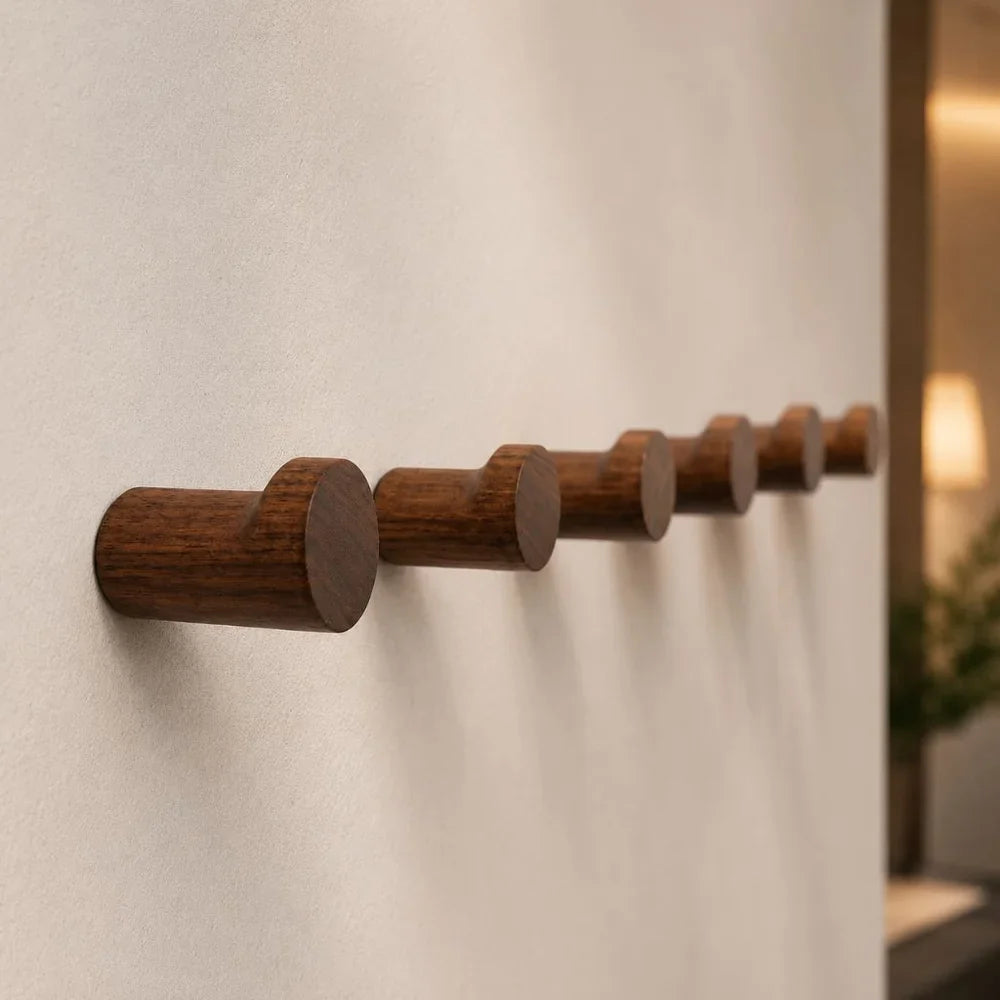 Walnut Wood Wall Hooks Set - Handcrafted Anti-Slip