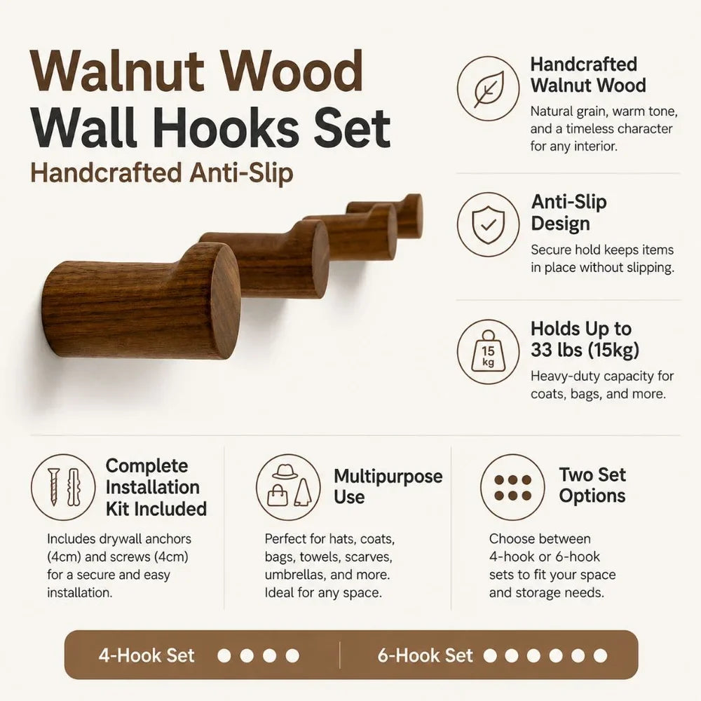 Walnut Wood Wall Hooks Set - Handcrafted Anti-Slip