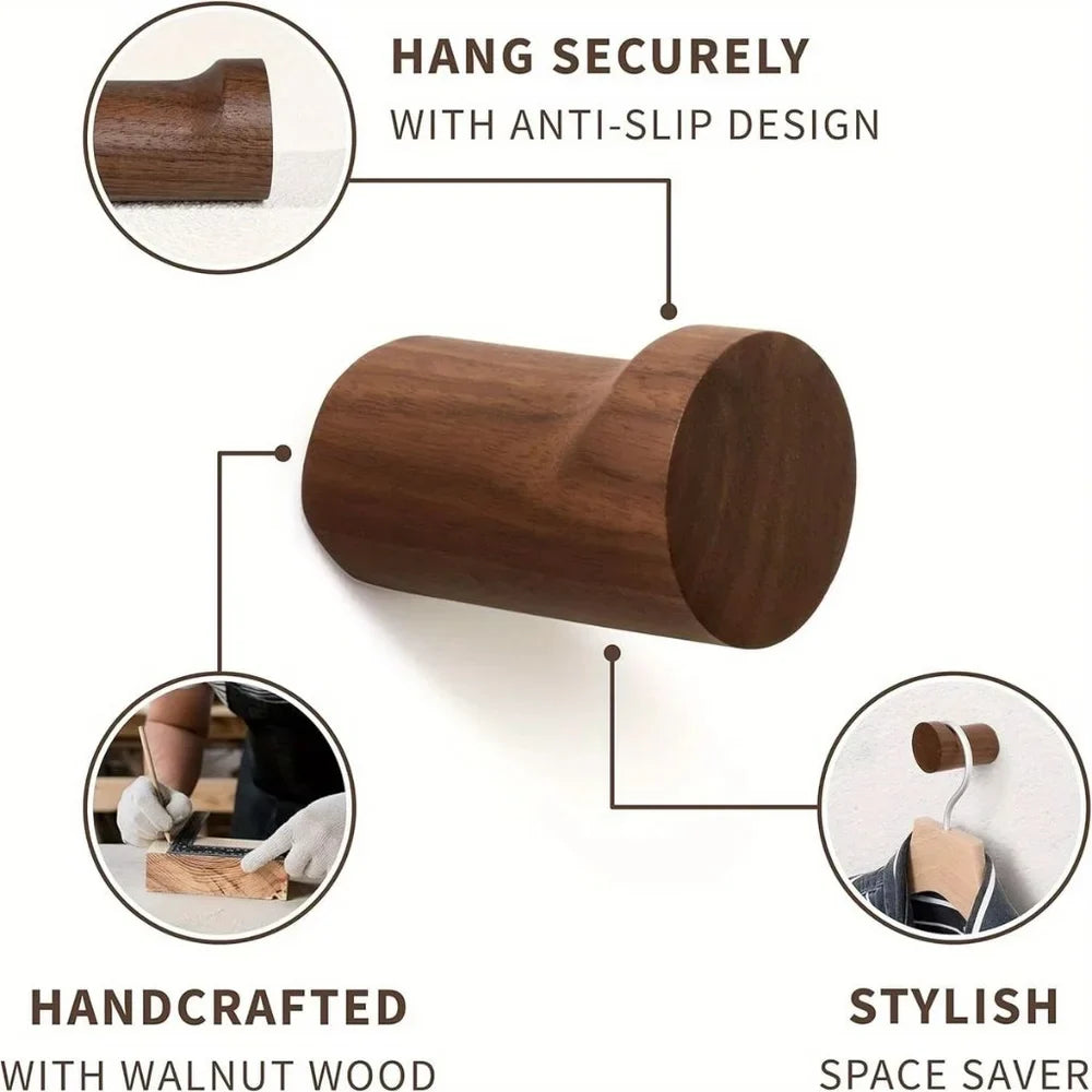 Walnut Wood Wall Hooks Set - Handcrafted Anti-Slip