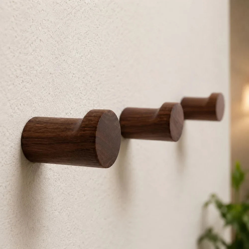 Walnut Wood Wall Hooks Set - Handcrafted Anti-Slip