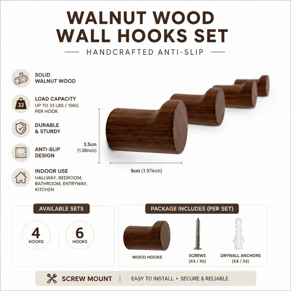 Walnut Wood Wall Hooks Set - Handcrafted Anti-Slip