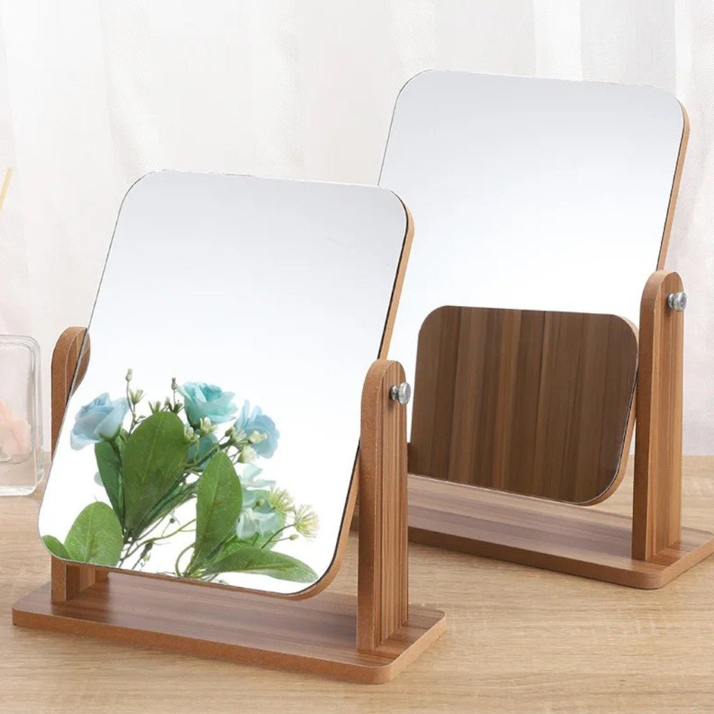 Wooden Vanity Mirror 360° Rotating Compact Makeup Mirror
