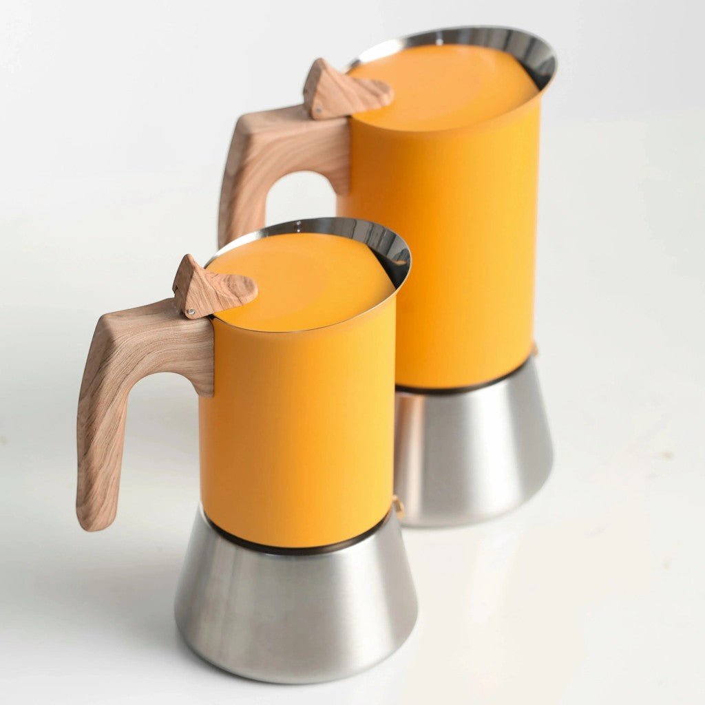 Yellow Induction Moka Pot Coffee Maker - Stainless Steel Nordic Design with Wooden Handle